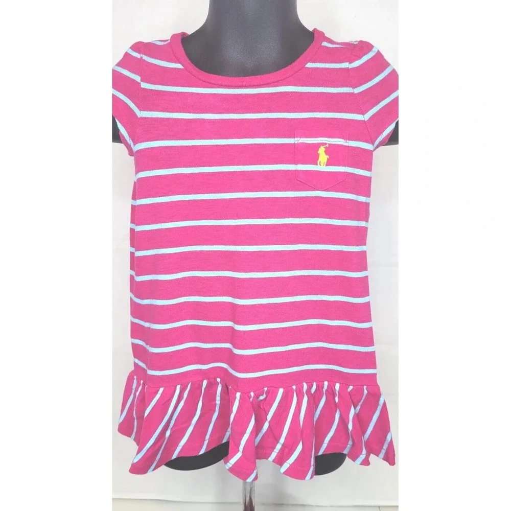 GIRL'S 12 MTHS RALPH LAUREN POLO Bright PINK BLUE STRIPED SS TENNIS DRESS POCKET - Picture 2 of 5